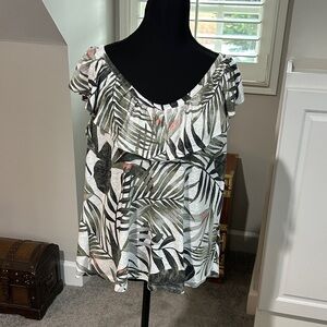 Old Navy Tropical Leaf Ruffle Sleeve Blouse - Black, Green, White